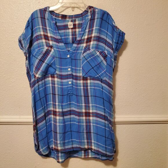 Gap Plaid Shirt Drapey Short Sleeve Button Front Blue Womens Size L Large Rayon - Picture 1 of 14